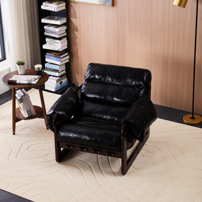 Méridienne rétro avec housse de coussin de siège amovible, surface en cuir ciré huilé, structure en bois d'hévéa, idéale pour le bureau, rétro noir antique en noir, petits appartements, avec cadre pur et articulé