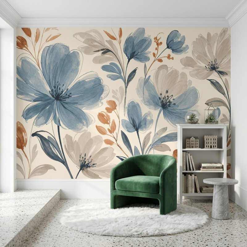 Papier peint fleurs bleues, 120 po x 96 po, Peler et coller