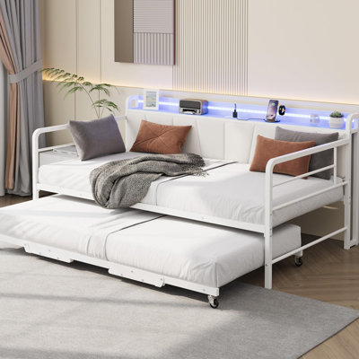 Avec lit gigogne, structure de lit simple avec tête de lit tapissier et station de charge et lumière DEL, lit gigogne en métal pour salon, chambre à coucher, blanc