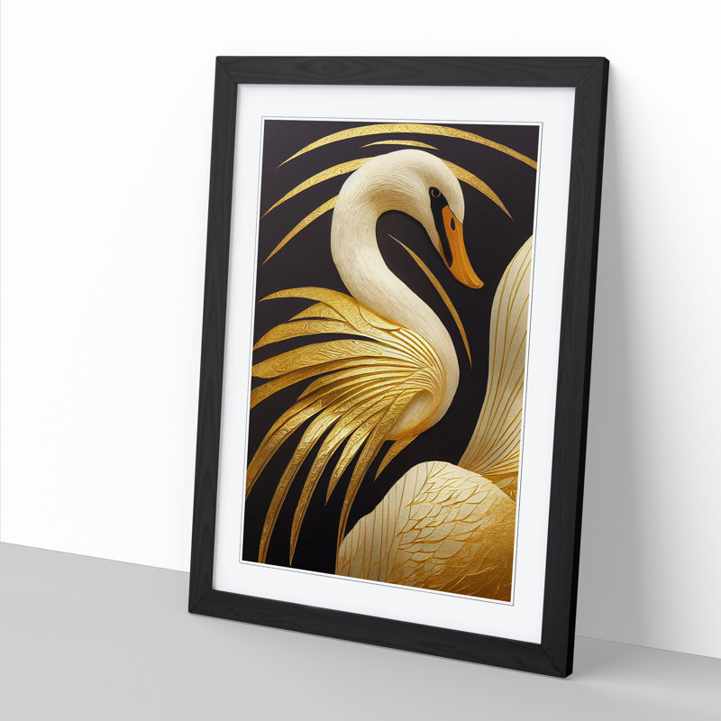 Swan Gold Leaf - Single Picture Frame Print, 64cm H x 46cm W x 2cm D, Walnut