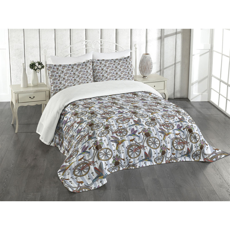 Ambensonne Bicycle Bedspread Nostalgic Multicolor Multicolor, King Coverlet/Bedspread + 2 Pillow Shams