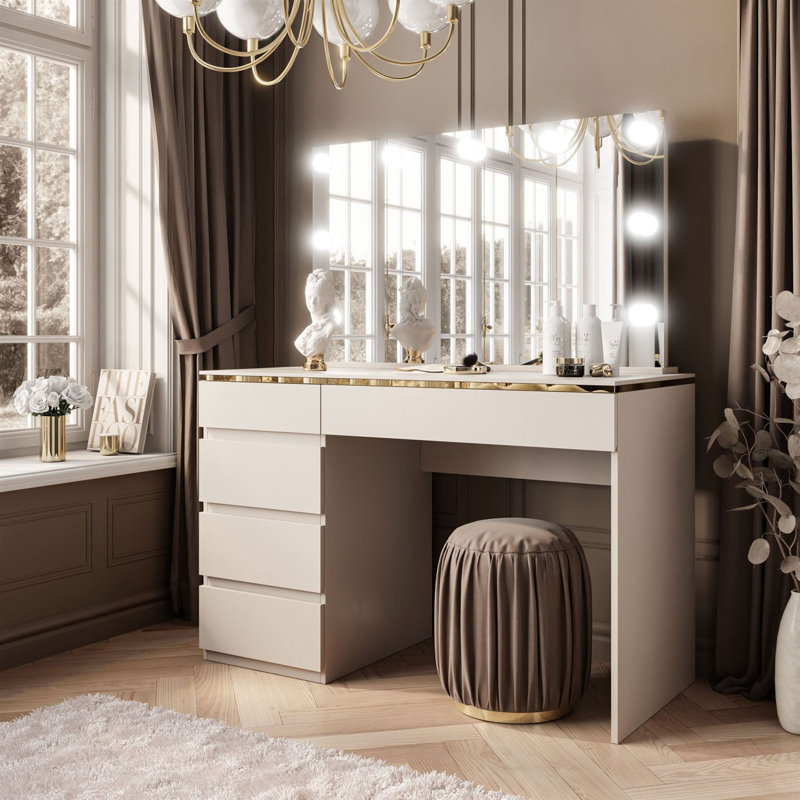 Dressing Table CASHMERE with Mirror and Lighting + high gloss gold
