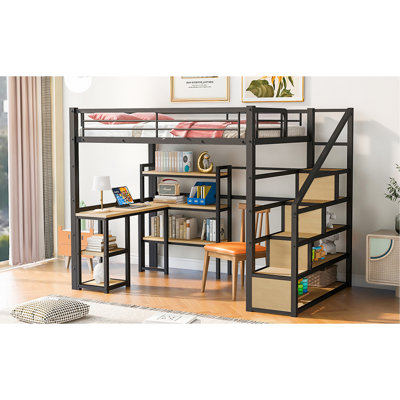Lit mezzanine double en métal avec escalier, bureau et tablettes en noir - Structure solide, design d'espace, escalier sans sommier requis et rangement fonctionnel, construction robuste, nécessaire