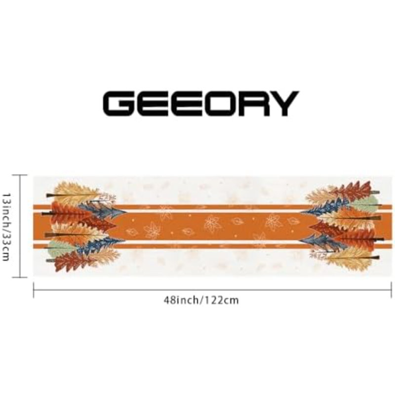 Fall Watercolor Trees & Maple Leaves Striped Table Runner 13x48 Inch, Rustic Farmhouse Autumn Thanksgiving Decor for Kitchen, Dining, Indoor/Outdoor Holiday Dinner Party Orange