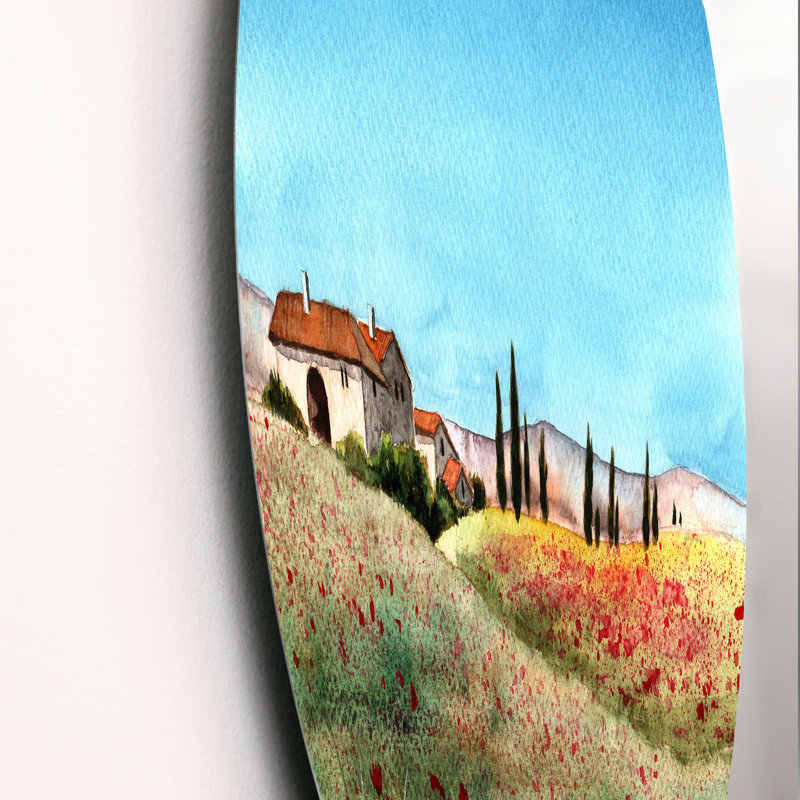«A Tuscany Landscape With Distant Villa», art mural circulaire en métal champêtre, H 23 po x l 23 po