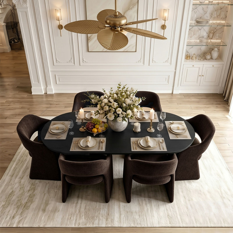 Ensemble de table de salle à manger pour 6 personnes avec table ovale et 6 fauteuils rembourrés en chenille, Brown