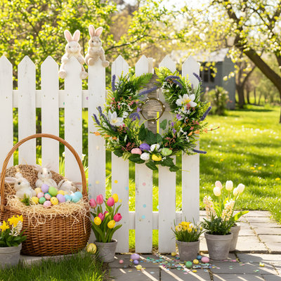 Easter Front Door Wreath, 14.5-Inch Easter Wreath Decoration, Artificial Spring Wreath with Colorful Eggs, Home Wall, Window, and Outdoor Decoration