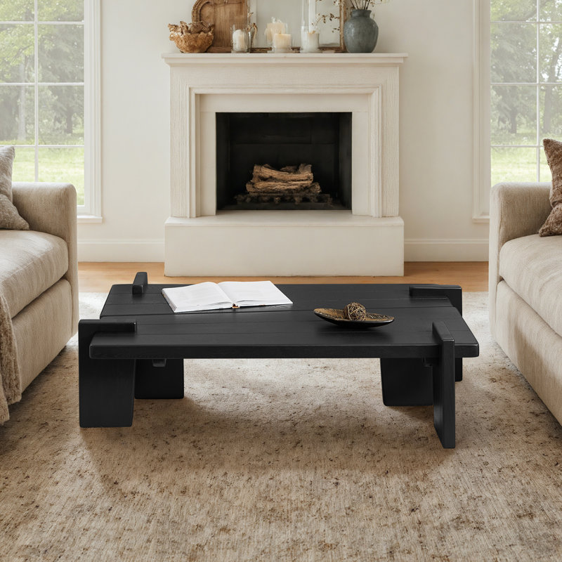 Solid Ash Wood Coffee Table, Minimalist Medieval Style, Natural Wood Grain, Black