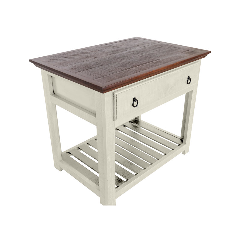 Îlot de cuisine avec plateau en bois massif Chantail, Crème
