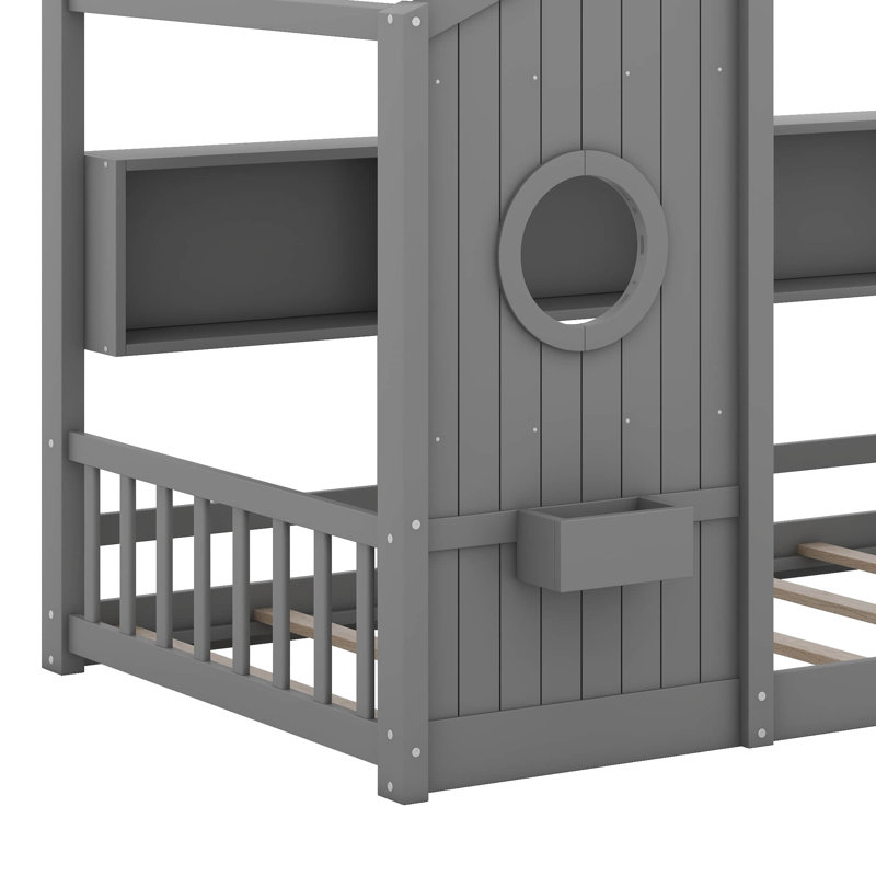 Structure de lit maison avec tablettes de rangement et toit, gris, Lit simple