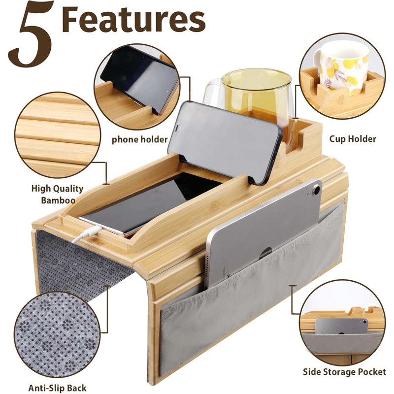 Couch Cup Holder Tray,4 In 1 Couch Arm Table With Side Storage Pocket,Couch Arm Tray Anti-Slip, Bamboo Couch Table For Drinks, Snacks, Cup, Remote And Phone For Most Armrests On Couches
