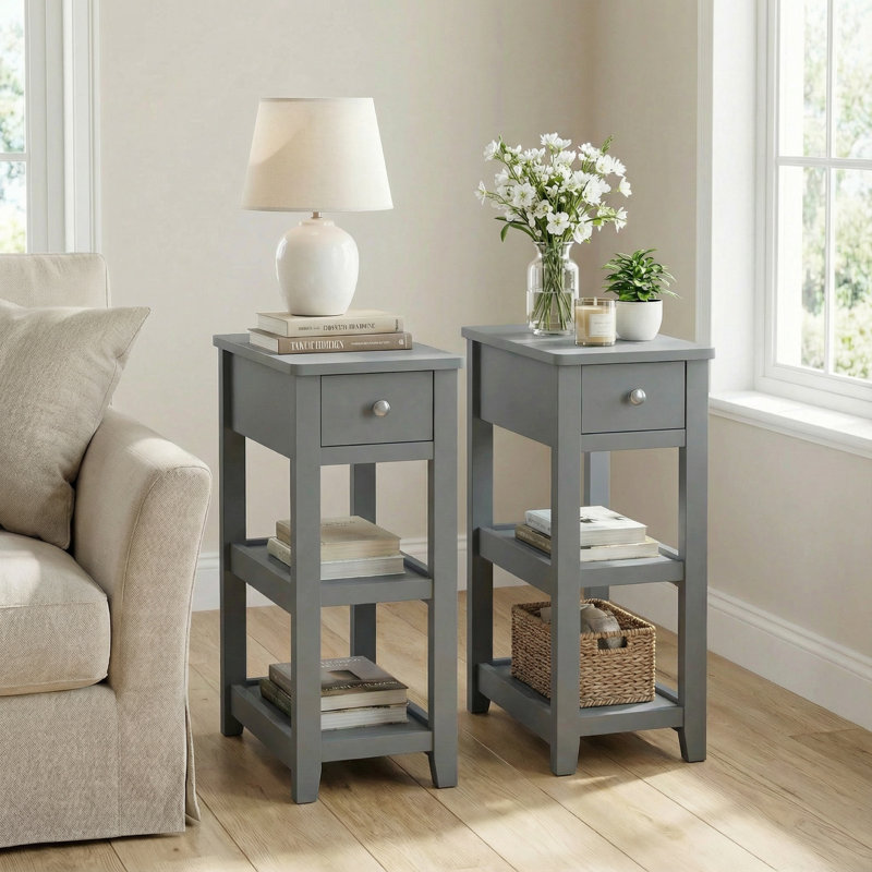 24'' Tall End Table, Narrow Side Table with Drawer and Shelves for Small Space, Gray, 2