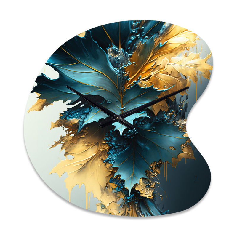 Abstract Blue And Gold Leaves II - Drop Shape Decorative Blue Leaves Wall Clock, Small