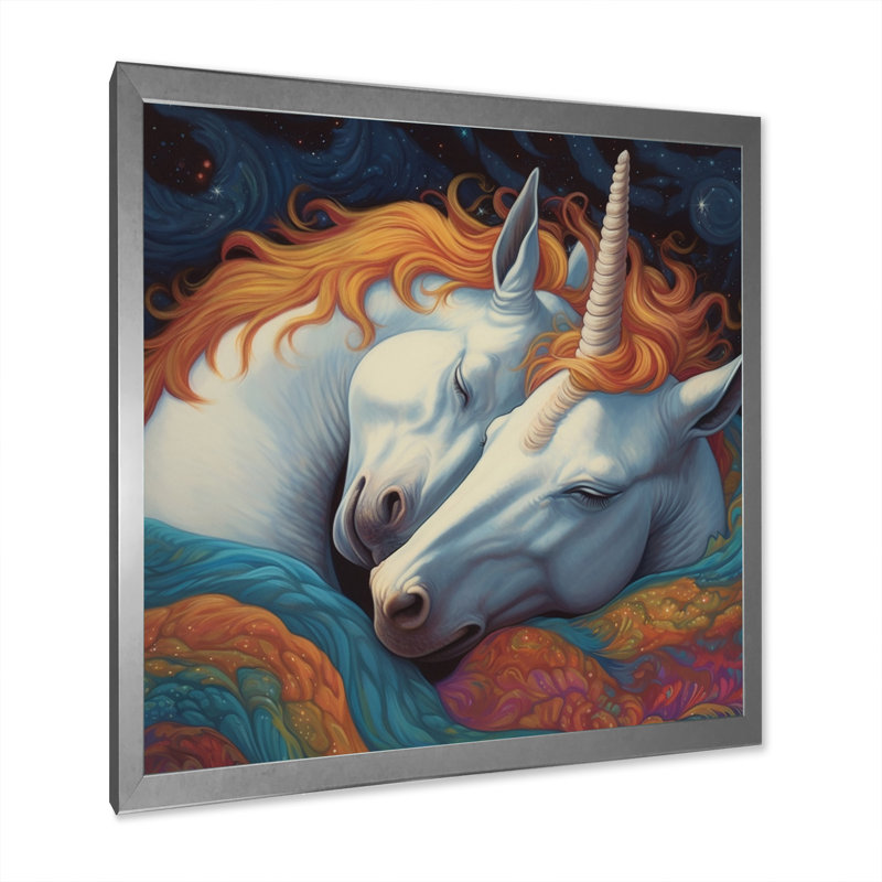 Mignonnes licornes qui dorment ensemble sur toile, H 30 po x l 30 po x P 1 po, Cadre simple argenté