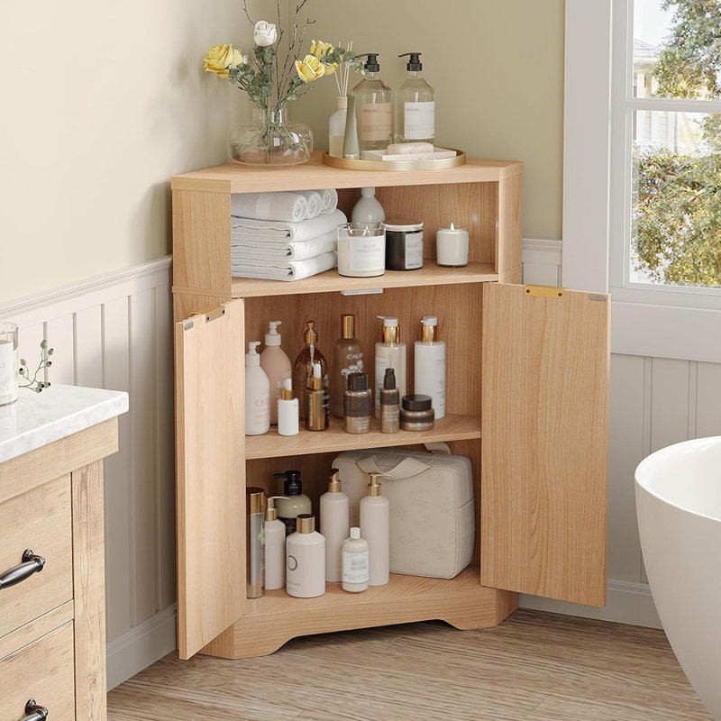Armoire de coin de salle de bain avec rangement ouvert - Armoire cannelée moderne avec 2 portes et tablette réglable, rangement compact pour la salle de bain, la cuisine, le salon ou le garde-manger