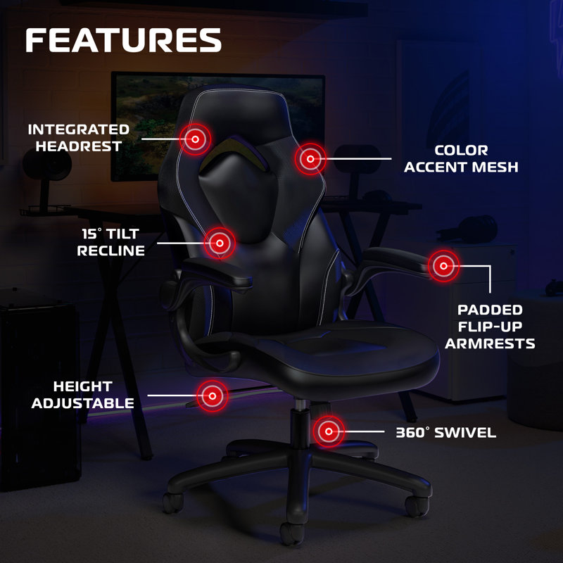 Fauteuil de jeu ergonomique pour adultes RESPAWN 3085, siège de bureau à haut dossier avec appui-tête et accoudoirs rabattables, siège de jeu en cuir de style course avec support lombaire, siège de bureau d'ordinateur de jeu vidéo