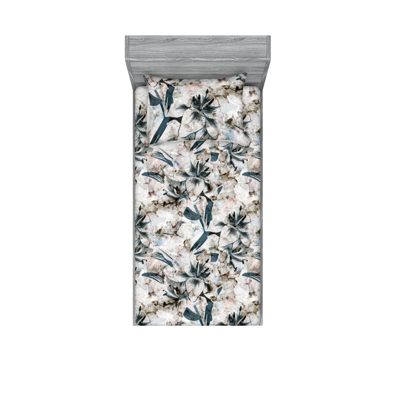 Ambesonne Fitted Sheet & Shams 3 Pcs Retro Botany Exotic Leaves Calking Pale Rust Seafoam Emerald, Dark Tan/Slate Blue Floral