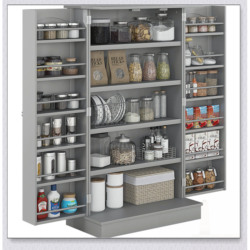 Armoire de rangement pour garde-manger autoportante de 41 pouces avec 12 tablettes de porte, portes doubles, étagères à 5 niveaux et tablettes réglables, gris papier