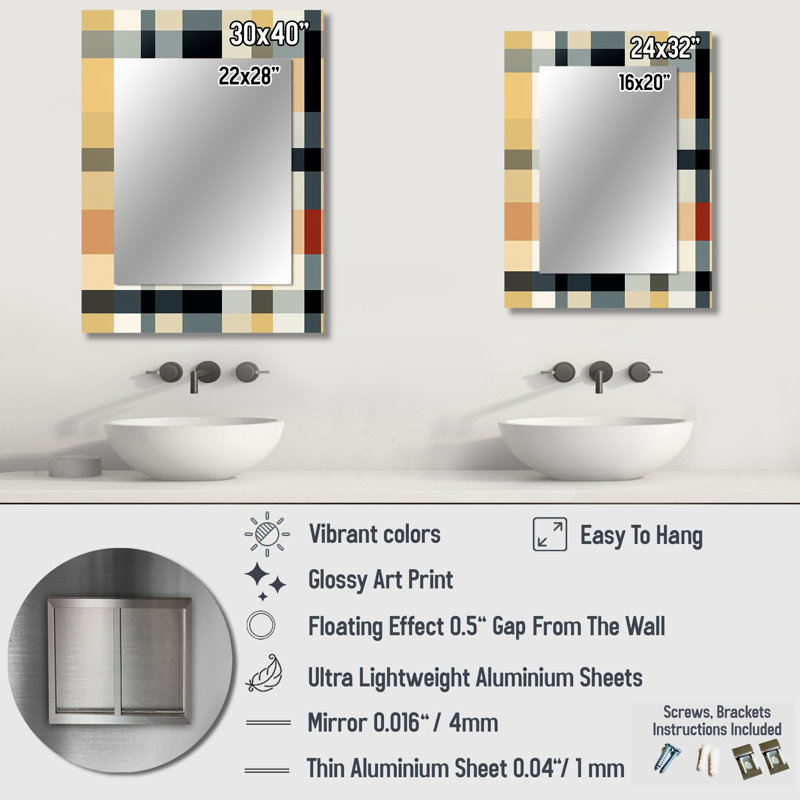 Black And Cream Plaid Sophistication - Plaid  Large Mirror, Plaid Decorative Wall Mirror, Printed Metal Art, 40" x 30"