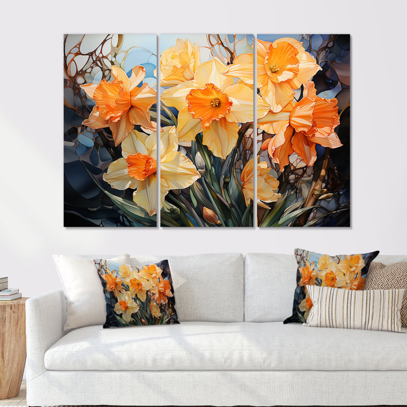 «Orange Daffodils Efflorescence» - ensemble d'art mural sur toile jonquilles, H 28 po x l 36 po x P 1 po