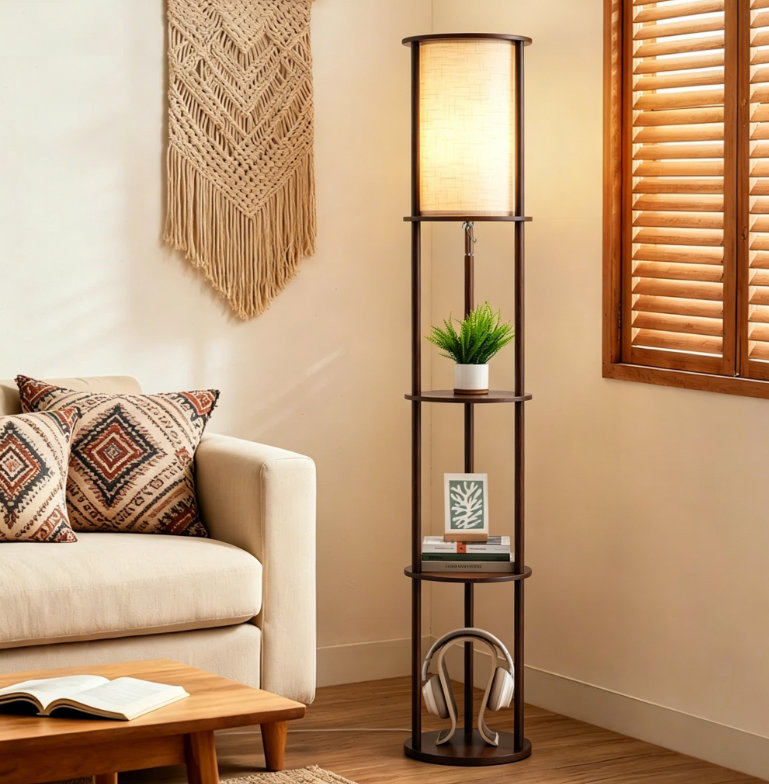 Lampe sur pied colonne 63,8 "avec tablettes en bois massif (ampoule incluse), Noyer