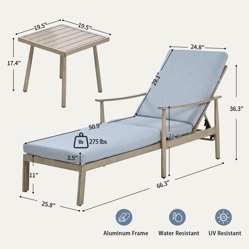 Marijela Outdoor Metal Chaise Lounge Set with Table , Cushion Included, Blue Cushion/Light Brown Frame