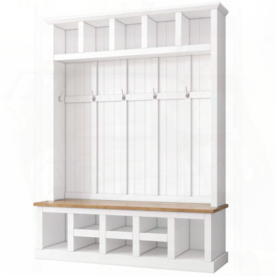 Farmhouse Hall Tree with 13 Compartments and Wide Bench (White)