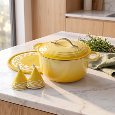 7.5 Qt. Round Enameled Cast Iron Dutch Oven with Stainless Steel Loop Handle, Mitts, and Trivet Mat in Gradient Yellow