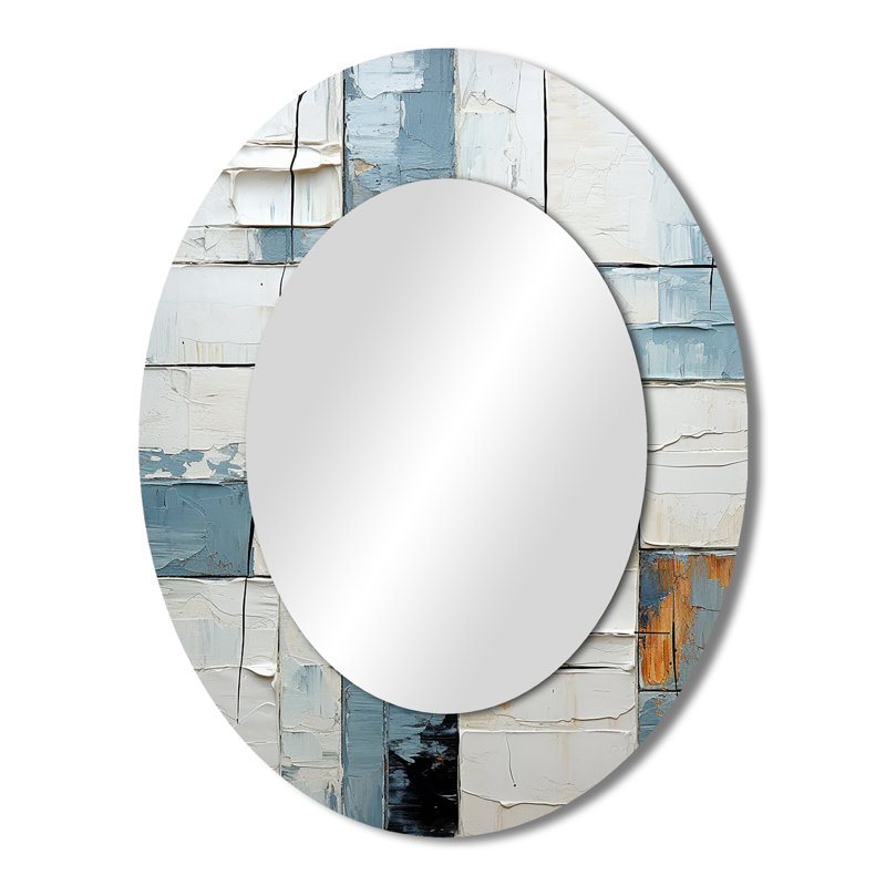 Cubisme bleu et blanc Fight I - Miroir décoratif abstrait ovale sur métal, 43 po x 33 po