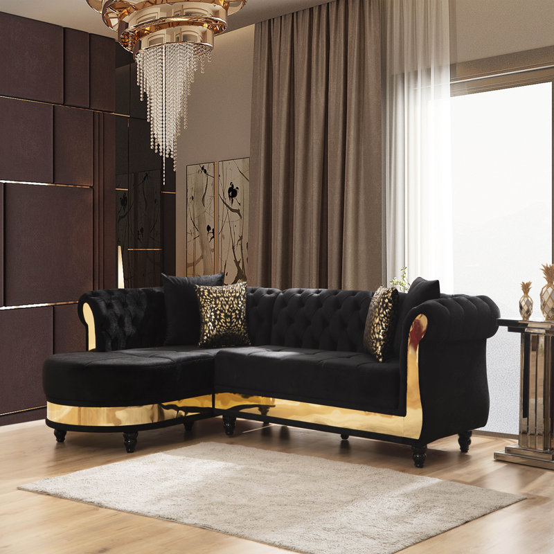 Canapé modulaire en bois capitonné doré, Velours noir, Noir