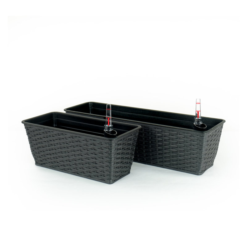 2-Pack Smart Self-Watering Rectangle Planter, Hand Woven Wicker Espresso Planter for Indoor Outdoor Use with Water Level Indicator