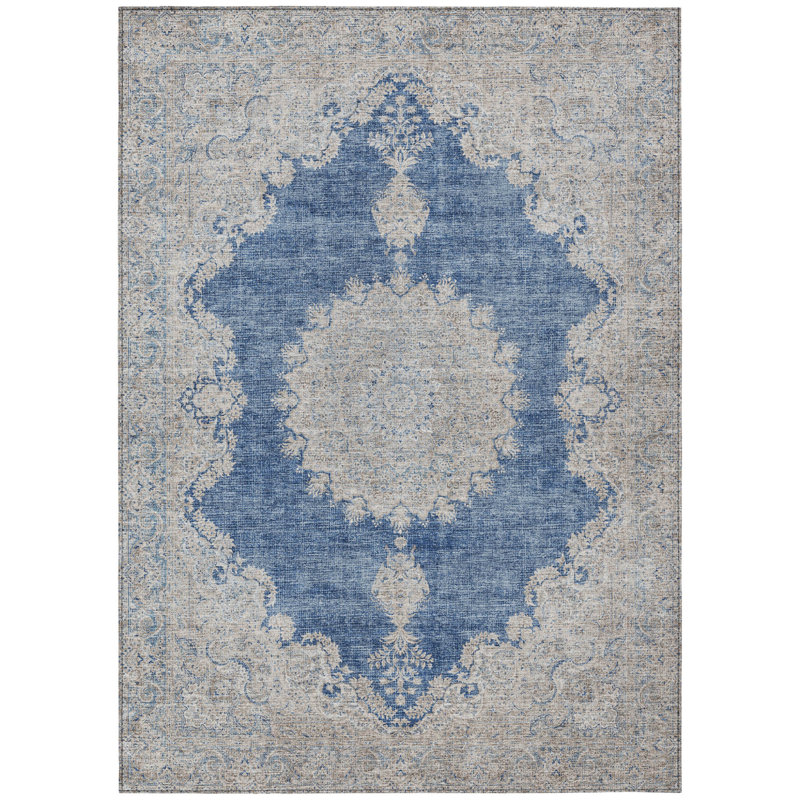 HomeRoots 3' X 5' Navy Blue And Ivory Oriental Washable Indoor Outdoor Area Rug