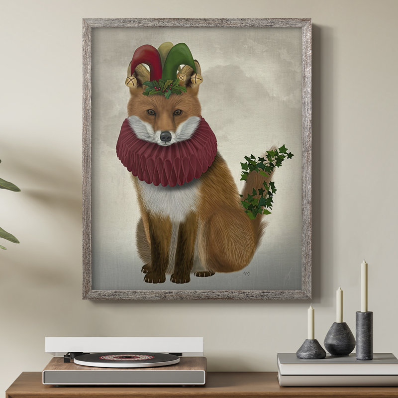 «Christmas Holly and Ivy Fox», reproduction encadrée - bois massif