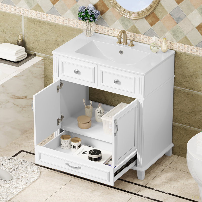Meuble-lavabo de 30 po avec lavabo en céramique, armoire de rangement en bois massif avec portes à fermeture douce, style rétro
