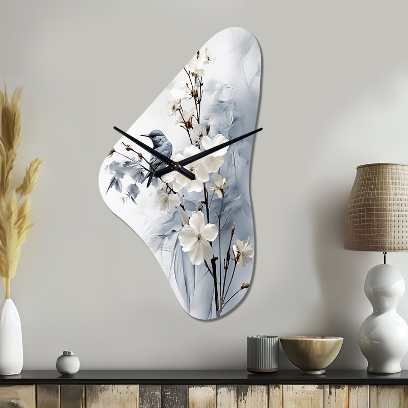«Asian Art Apple Blossom Sumi VI», horloge murale en forme d'art unique en métal, impression d'horloge murale asymétrique