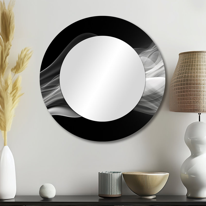 Shifa noir blanc contemplatif Abstraction II - grand miroir de vagues, décor de miroir mural rond noir unique, impression d'art en métal