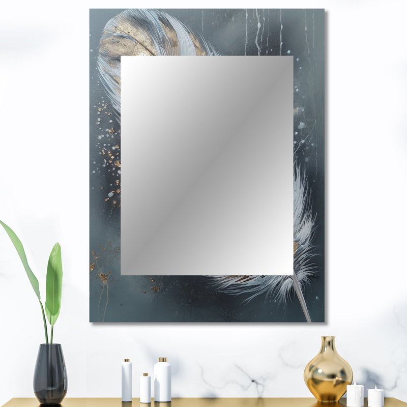 Gold Feather Wanderlust II - Glam Feather Decorative Mirror, Gold Wall Mirror, Printed Metal Art, 40" x 30"