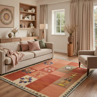 Tapis géométrique du sud-ouest, lavable à la machine, couleur terre cuite, style patchwork vintage, antidérapant, pour salon ou chambre.