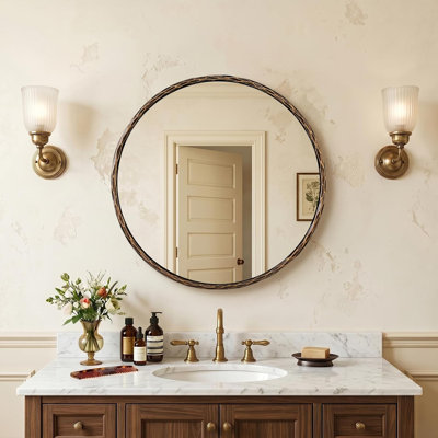 Vintage Round Bathroom Vanity Mirror | Hand-Hammered Iron Frame
