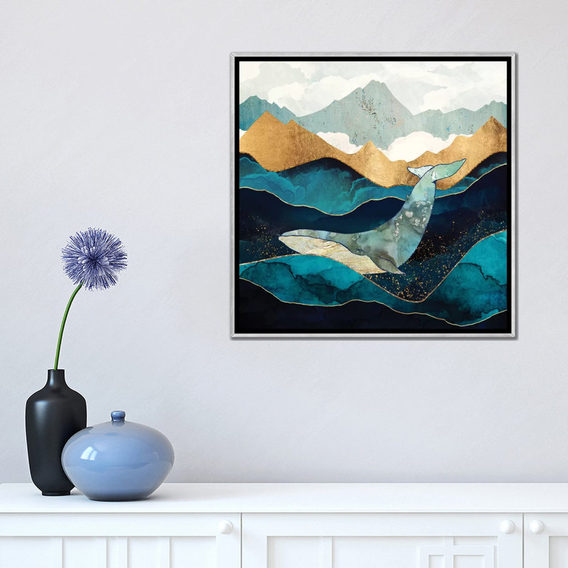 Baleine bleue - reproduction d'art, Aucun mat, H 18 po x l 18 po x 1,5 po, Toile avec cadre argenté