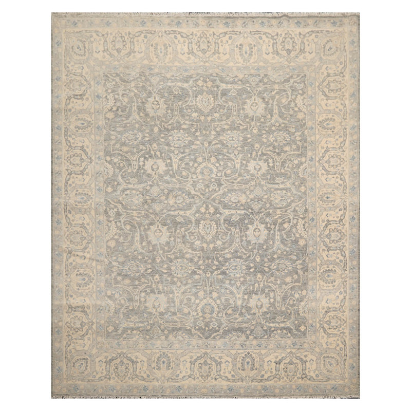Tapis gris en laine noué à la main de conception unique 8 pi x 10 pi