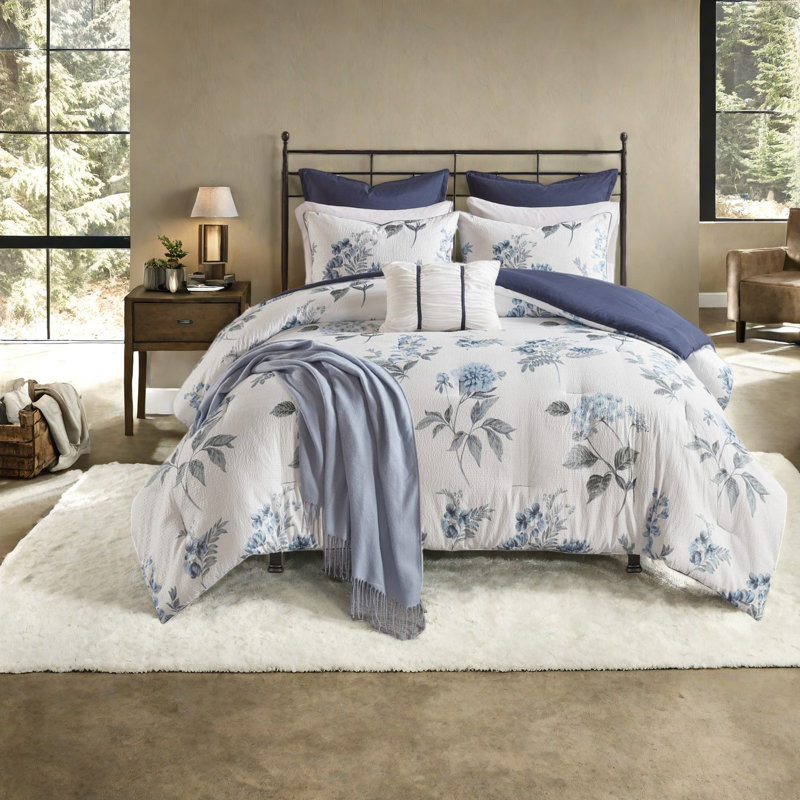 Ensemble de literie Farmers Seersucker, confort en microfibre, motif floral bleu