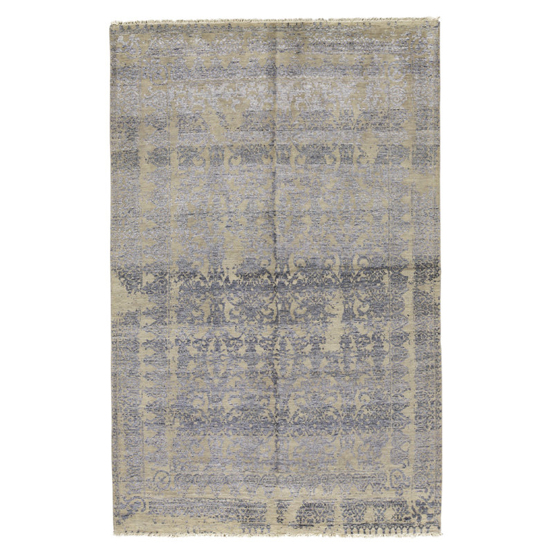 Tapis mauve / jaune clair noué à la main de conception unique 5 pi 11 po x 9 pi 2 po