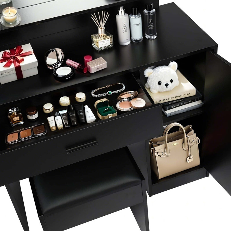 Bureau de coiffeuse avec miroir et lumières, coiffeuse de maquillage avec tiroir et armoire de rangement, 3 couleurs d'éclairage réglables, coiffeuse avec tablettes ouvertes pour la chambre à coucher, vestiaire