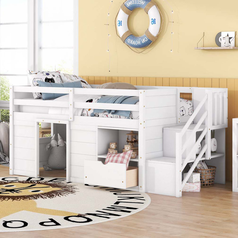 Lit avec rangement en bois 42,32 "avec escalier et tiroir, Blanc