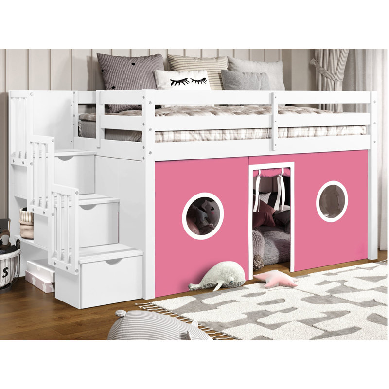 Johannes Solid Wood Twin Low Loft Bed with 3 Step-Stairway and Tent, White/Pink