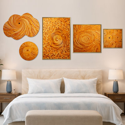 Orange Swirl Collages I – Large Abstract Wall Decor, Metal and Canvas 5 Piece Set (100" x 40")