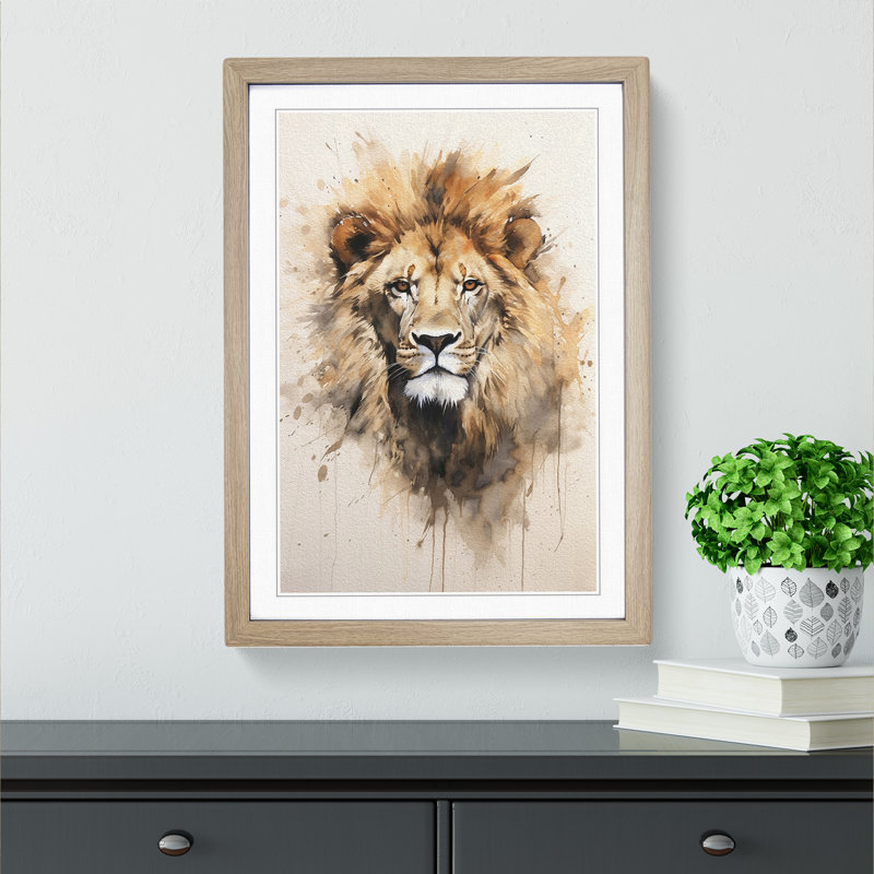 Lion Gestural No.3 - Single Picture Frame Print on Wood, Oak Framed, 46cm H x 34cm W x 2cm D