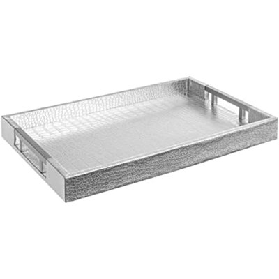 Modern Elegant 18"X12" Rectangle Glossy Silver Crocodile Faux Leather Tray Decorative Ottoman Coffee Table Display Perfume Dresser Kitchen Serving Tray With Silver Metal Handles By Home Redefined