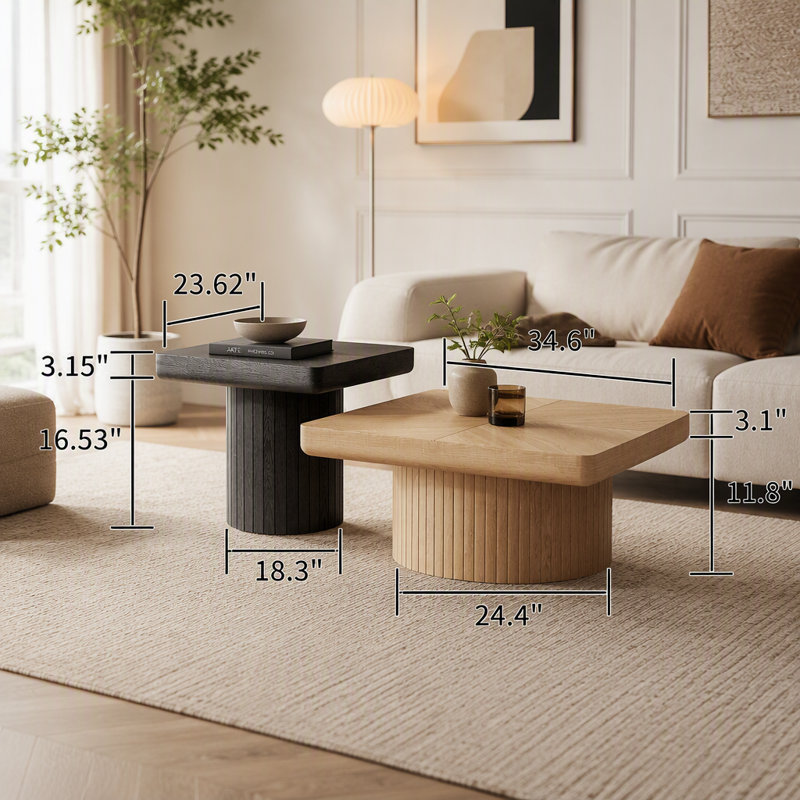 Table basse carrée avec plateau et base cylindrique, Noyer
